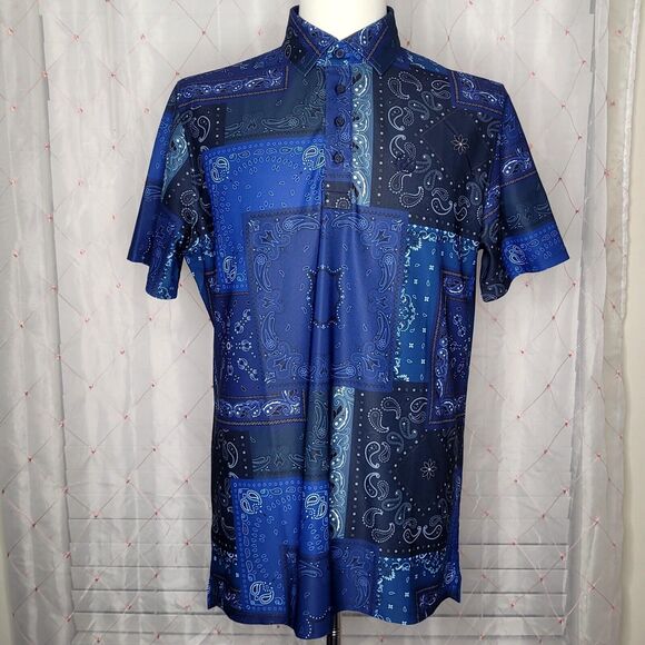 G/FORE Blue Polo Shirt with Geometric Patterns - Picture 1 of 11